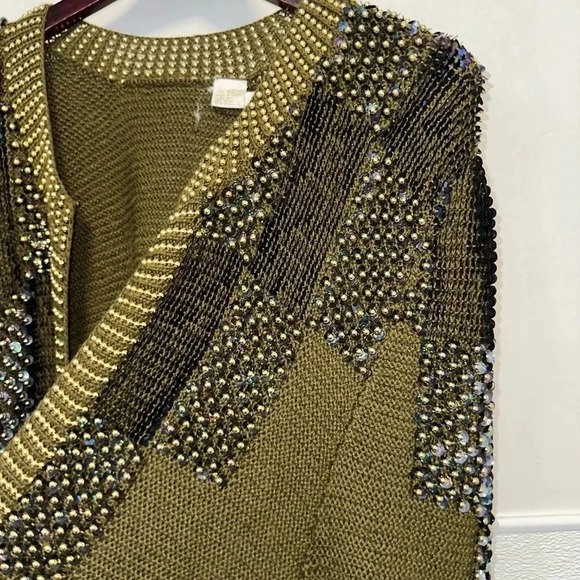 Women's Missing Tag Cardigan M Olive Green Gold Beaded Wool - Picture 2 of 16